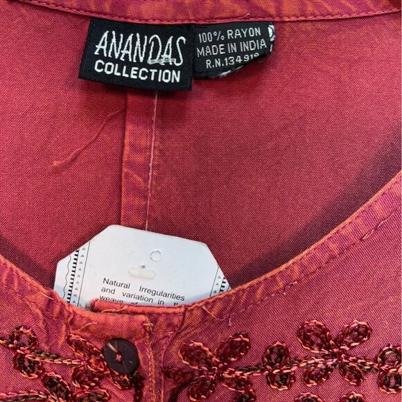 NWT Anandas Collection Womens Tunic Blouse Large Red Embroidered Casual Boho Top - Picture 2 of 13